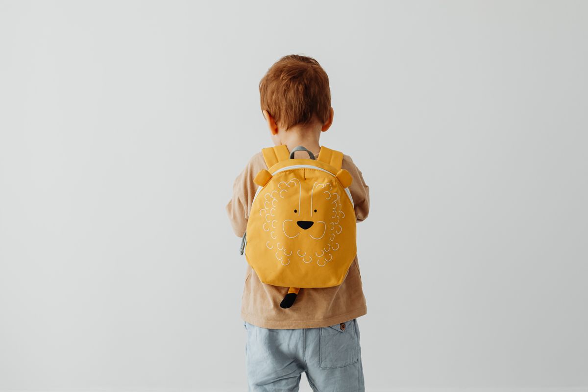 白い壁の前に立つ幼児の後ろ姿と、背負った黄色いライオン柄の通園リュック。園にも療育にも同じかばんで通う場面
